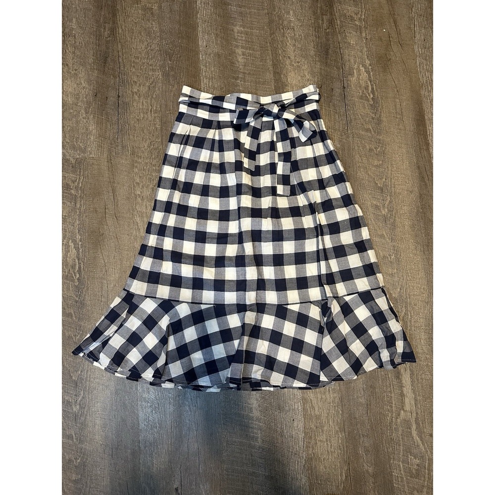 Club Monaco Blue White Gingham Tie Midi Skirt 2 Cotton Linen Blend